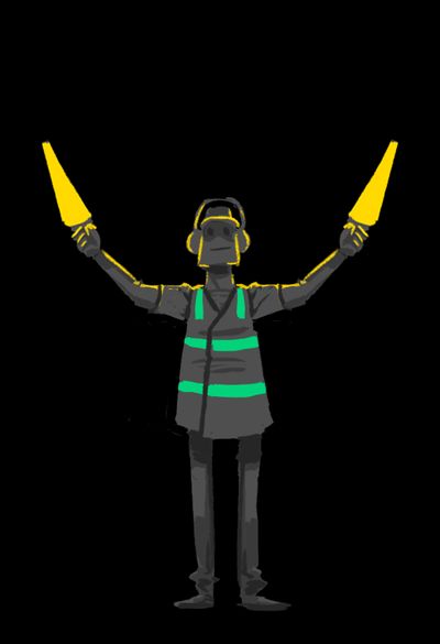 An animated gif with a cartoon of FlightPath Guy, against a black background, a ramp agent is holding two glowing yellow batons, opening and closing his arms in a loop.