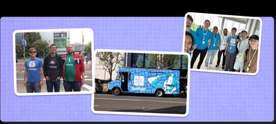 A composite graphic against a purple draft paper background, with three photos. The first, depicting three men wearing the three company shirts (TestFlight, FlightPath and SkyRocket). The second was a food truck wallpapered with the TestFlight theme, including colors, logo, icon and mascot. The third is a group of developers at the WWDC conference, smiling, one of them sporting a TestFlight t-shirt.