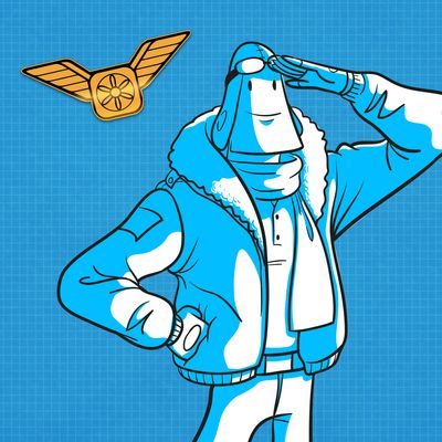 Cartoon of TestFlight Guy, a golden badge with wings and the TestFlight logo