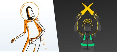 The cartoon mascots for SkyRocket (a line-art cosmonaut with a round-shaped, old-fashioned helmet) and FlightPath (against a black background, a ramp agent is holding two glowing yellow batons to assist a plane for takeoff).