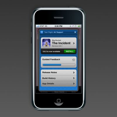 An old iPhone 3GS displaying a small screenshot of a web app, with the game The Incident and options like install, 'Guided Feedback', 'Release Notes' etc.