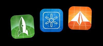 The three redesigned logos of the SkyRocket/TestFlight/FlightPath apps, they look like iOS App Icons. SkyRocket is green monochrome, with a planet in space with a rocket on top of it. TestFlight is a blue monochrome, with a blueprint of a turbine sketched on it as a technical drawing. And finally FlightPath, a paper plane taking flight in 3D on an orange monochrome with a grid background.