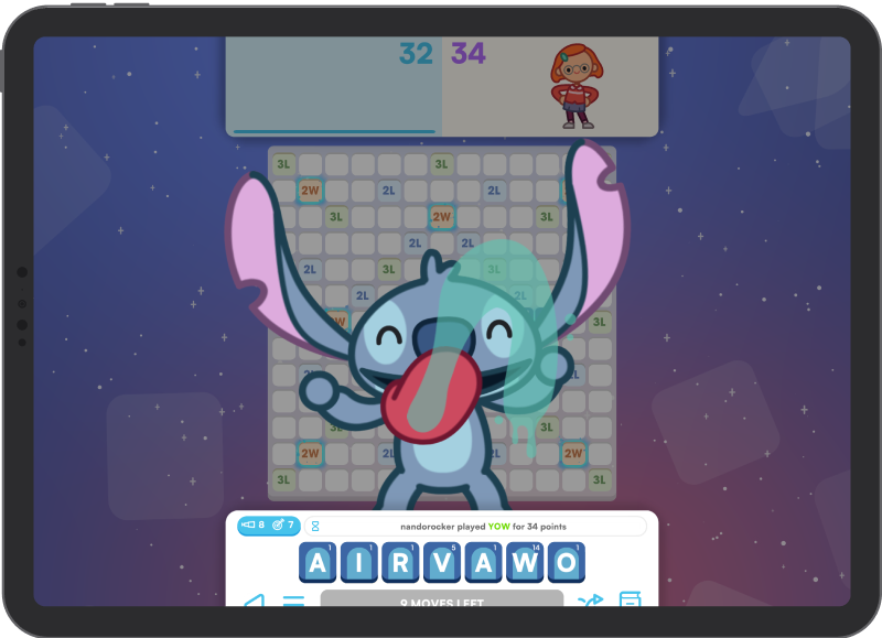 SpellStruck on an iPad, with a close-up of Stitch licking the screen (using a superpower)