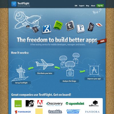 Screenshot of the first version of TestFlight's website, a very skeuomorphic page with a blueprint on top of a corkboard, with the headline 'The Freedom to Build Better Apps' and lots of hand-drawn, cartoon style images, including an airplane dropping logos of apps.