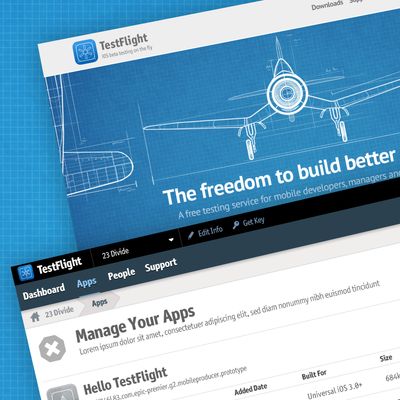 A very cropped composite of two screenshots of websites on top of a blueprint texture: one is the consumer-facing TestFlight, with an airplane and the headline 'The freedom to build better...' and the other is a backend dashboard for developers, with the title 'Manage your apps' and a list of apps and data.